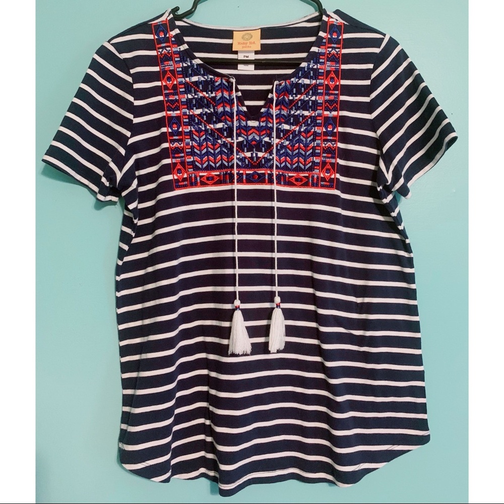 RUBY RD | Navy & White Striped Blouse